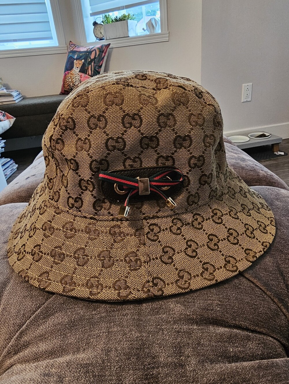 Gucci Brown GG Monogram Bucket Hat with Red & Black Web Accent